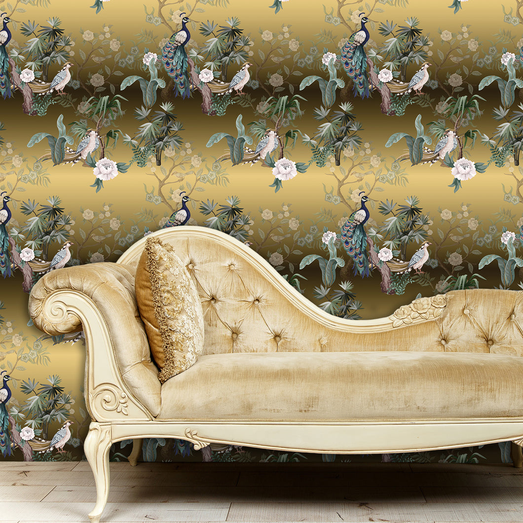 Victorian gold peacock Chinoiseries peel and stick wallpaper