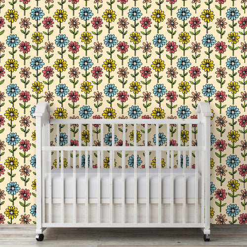 Floral blue, pink and yellow girl nursery peel and stick wallpaper.
