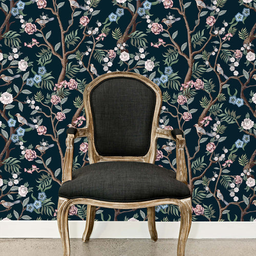 Chinoiserie dark floral peel and stick wallpaper