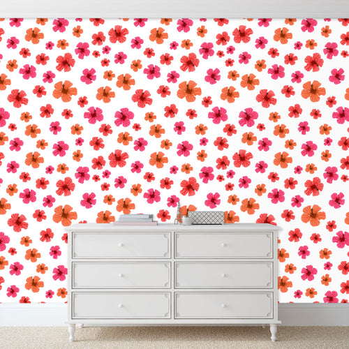 Pink and orange floral girl room peel and stick wallpaper