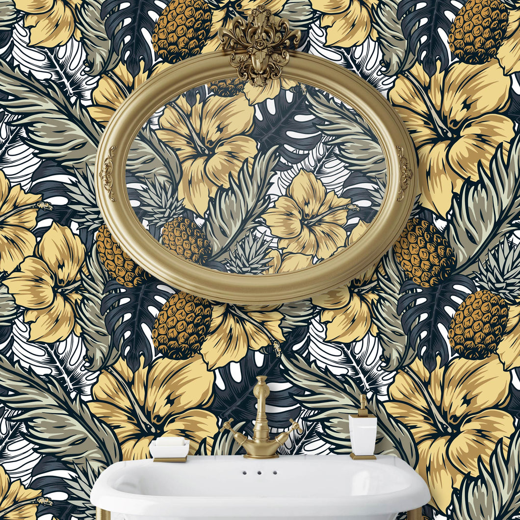 Victorian mid-century-modern floral blue and gold peel and stick wallpaper