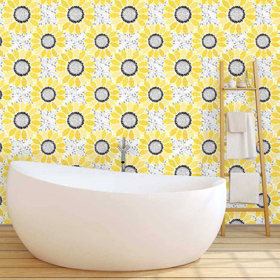 Sunflower floral yellow cottage style fabric peel and stick wallpaper in bathroom with vintage tub