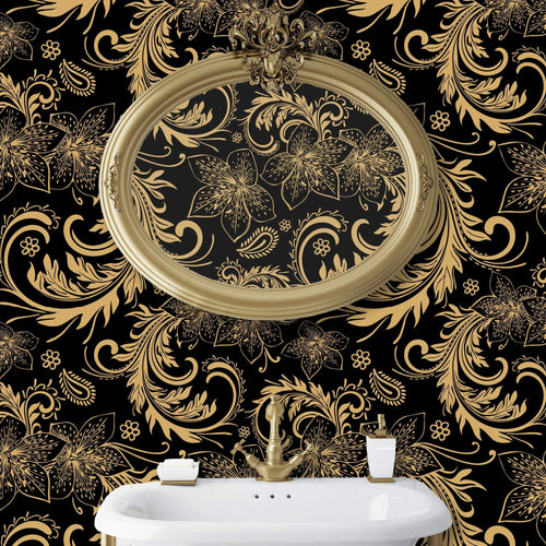 Black and gold Victorian baroque peel and stick wallpaper