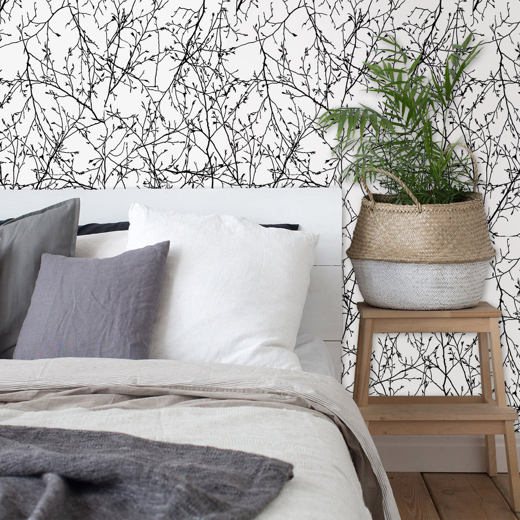 Botanical bare branches black and white peel and stick wallpaper