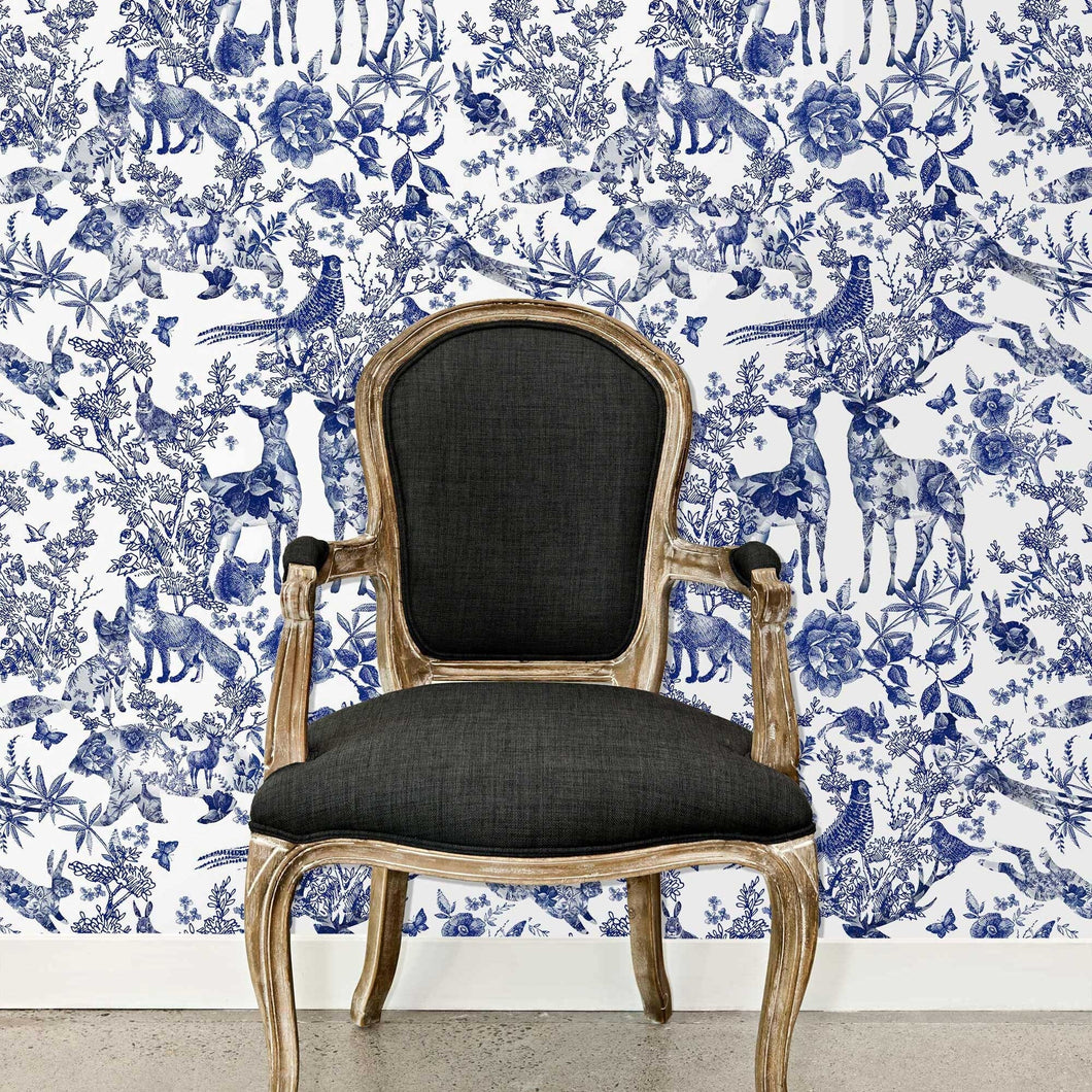 Blue antique woodland toile peel and stick wallpaper