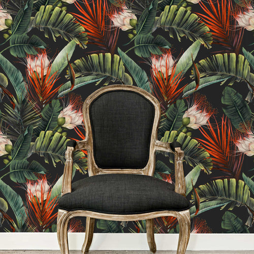 Dark floral tropical palm leaf peel and stick wallpaper