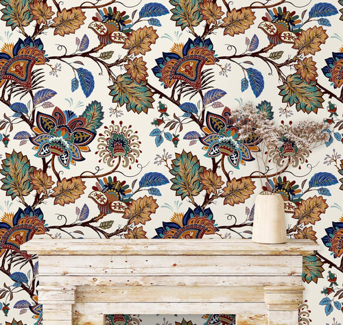Chinoiserie botanical blue and brown floral fabric peel and stick wallpaper