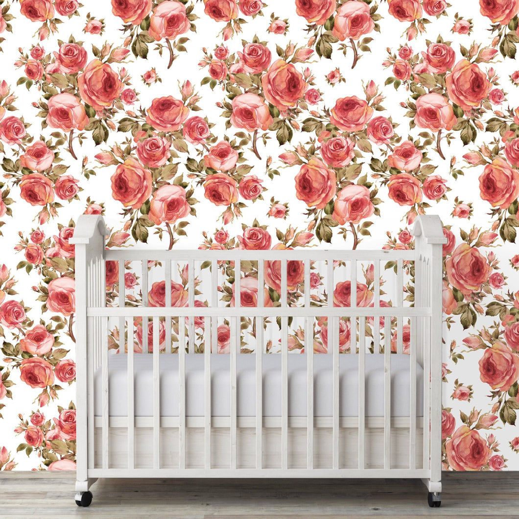 Victorian pink roses floral fabric peel and stick wallpaper