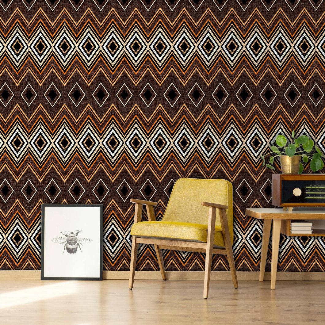Brown retro geometric fabric peel and stick wallpaper