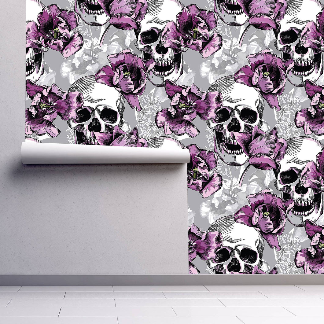 Purple gothic skull floral textured peel and stick wallpaper