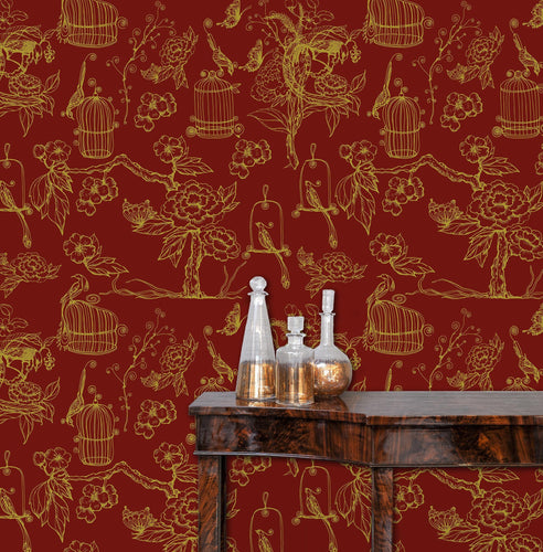 Red and gold Victorian botanical bird fabric peel and stick wallpaper