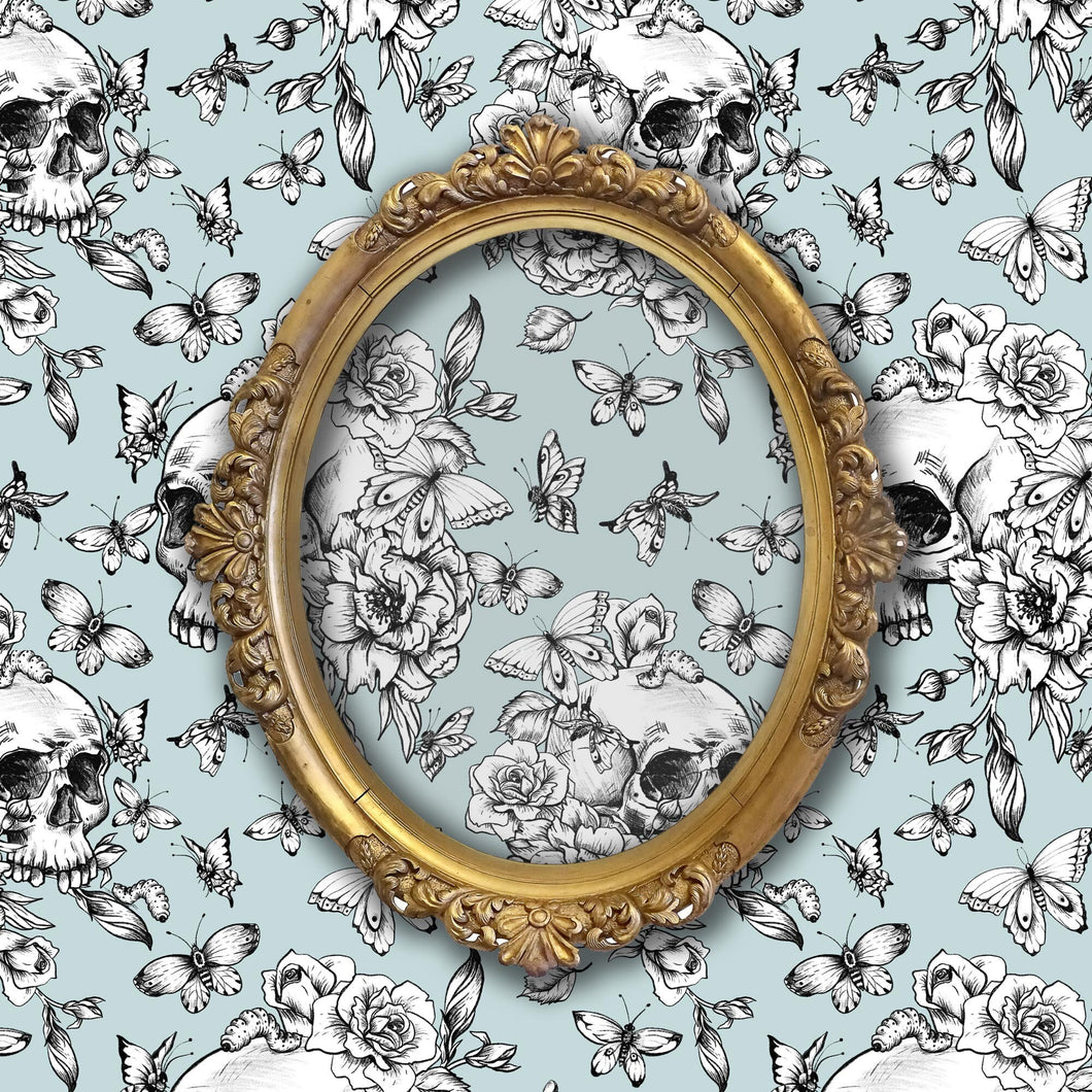 Blue skull and butterfly botanical gothic fabric peel and stick wallpaper