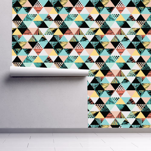 Tropical 80's geometric palm fabric peel and stick wallpaper
