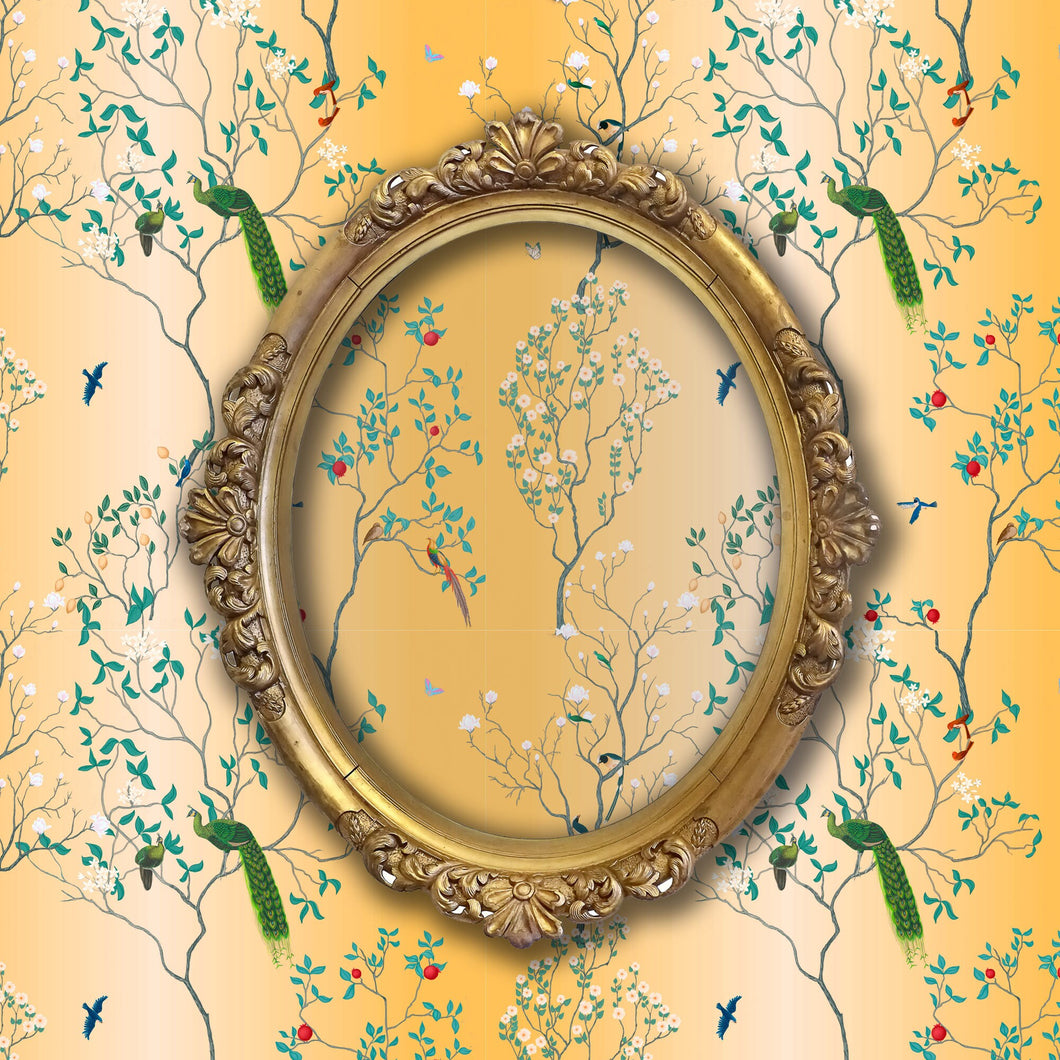Victorian antique gold peacock Chinoiserie fabric peel and stick wallpaper with gold mirror