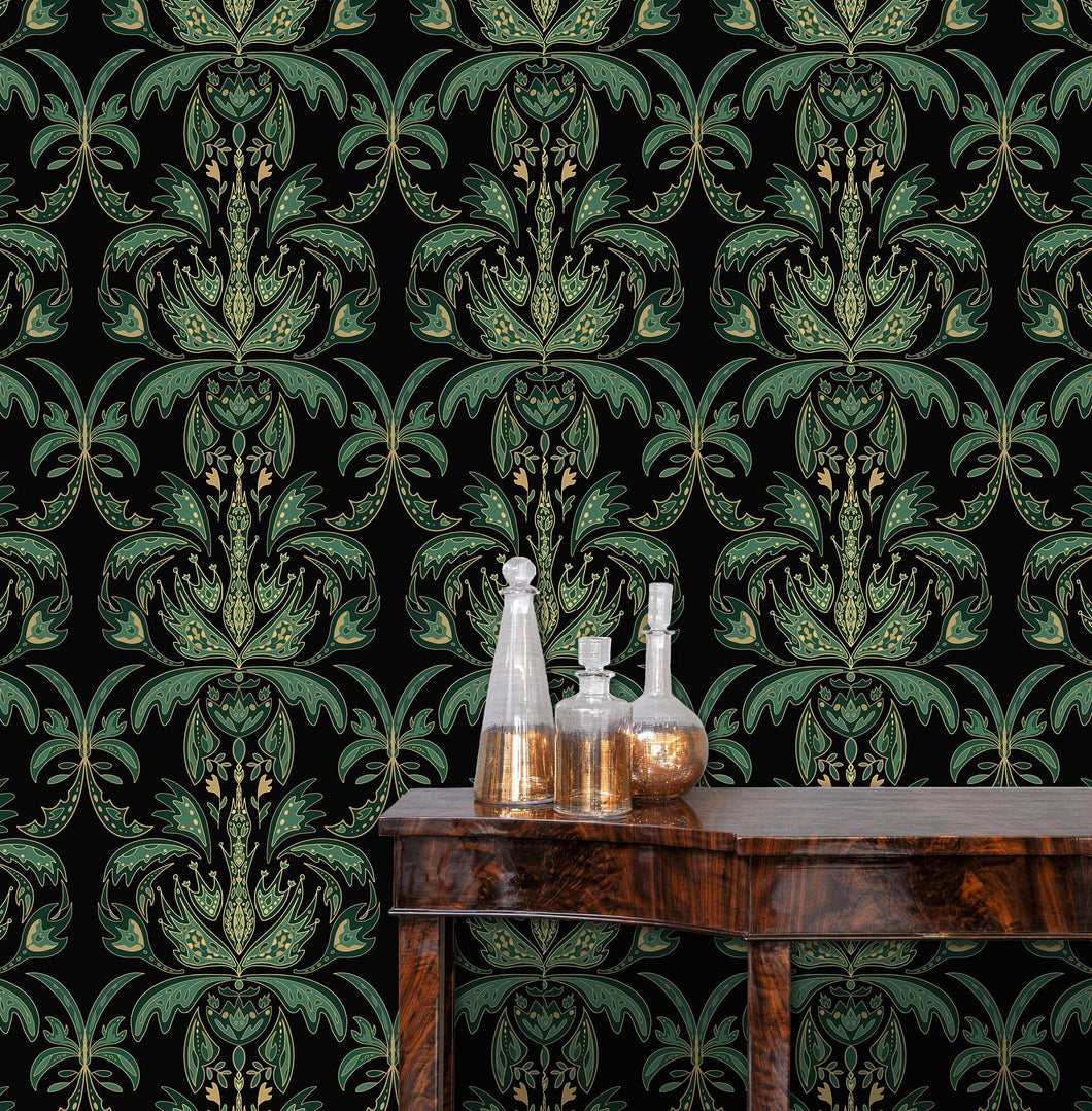 Dark moody Victorian Art Nouveau fabric peel and stick wallpaper in room with table and gold bottles