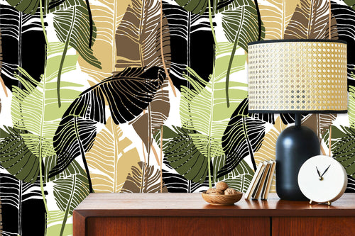 Earth tones vintage tropical palm Mid Century Modern fabric peel and stick wallpaper