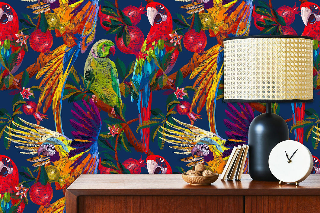 Bright eclectic tropical parrot fabric peel and stick wallpaper with cabinet and lamp and clock