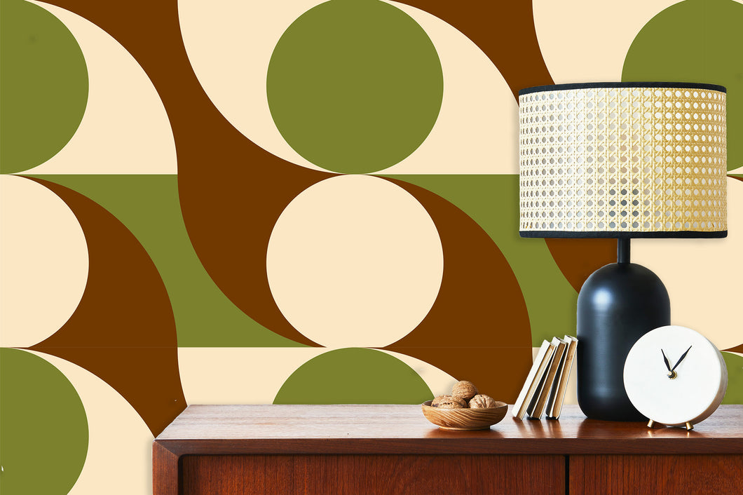 Green and brown vintage Mid-century Modern fabric peel and stick wallpaper with cabinet and lamp