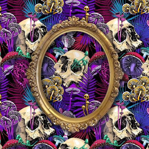 Purple gothic skull cottagecore tropical fabric peel and stick wallpaper with gold mirror on wall