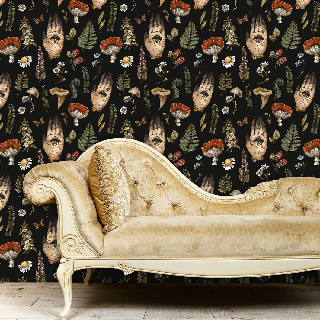 Dark forest botanical seeing eye and mushroom cottagecore fabric peel and stick wallpaper with gold velvet sofa