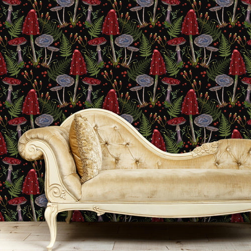 Dark and moody botanical forest mushroom cottagecore fabric peel and stick wallpaper with gold velvet sofa
