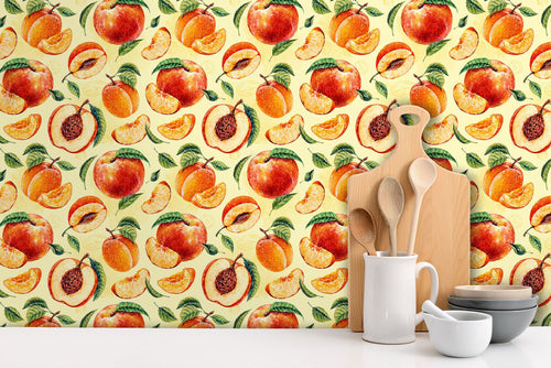 Vintage retro peaches fruit fabric peel and stick wallpaper in kitchen with utensils
