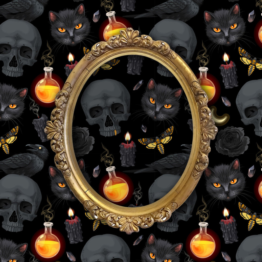 Black and orange Victorian gothic skull fabric peel and stick wallpaper with gold mirror