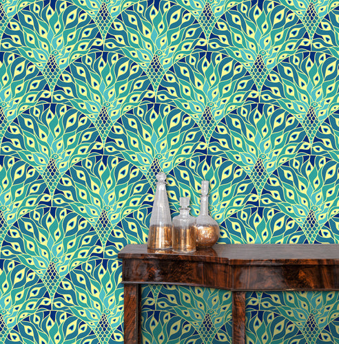 Vintage abstract blue Art Deco peacock fabric peel and stick wallpaper with table and gold jars