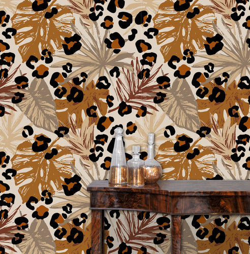 Tropical jungle palm leaves and cheetah print fabric peel and stick wallpaper with table and jars