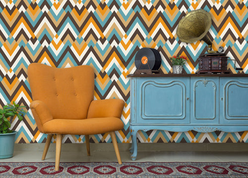 Vintage retro Mid-century Modern geometric fabric peel and stick wallpaper with orange chair and blue cabinet