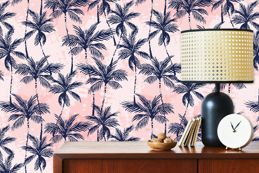 Vintage retro palm tree pink and blue fabric peel and stick wallpaper with cabinet, lamp and clock
