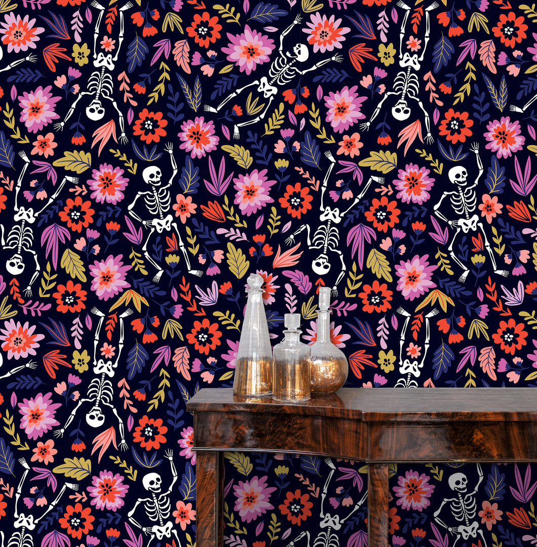 Dark gothic skeleton floral purple fabric peel and stick wallpaper with table and bottles