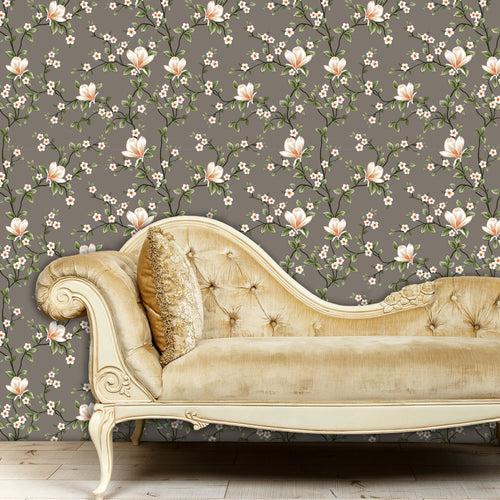 Victorian antique grey and pink botanical floral fabric peel and stick wallpaper with gold sofa