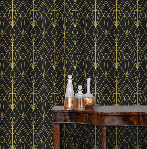 Black and gold geometric antique Art Deco fabric peel and stick wallpaper wit table and bottles