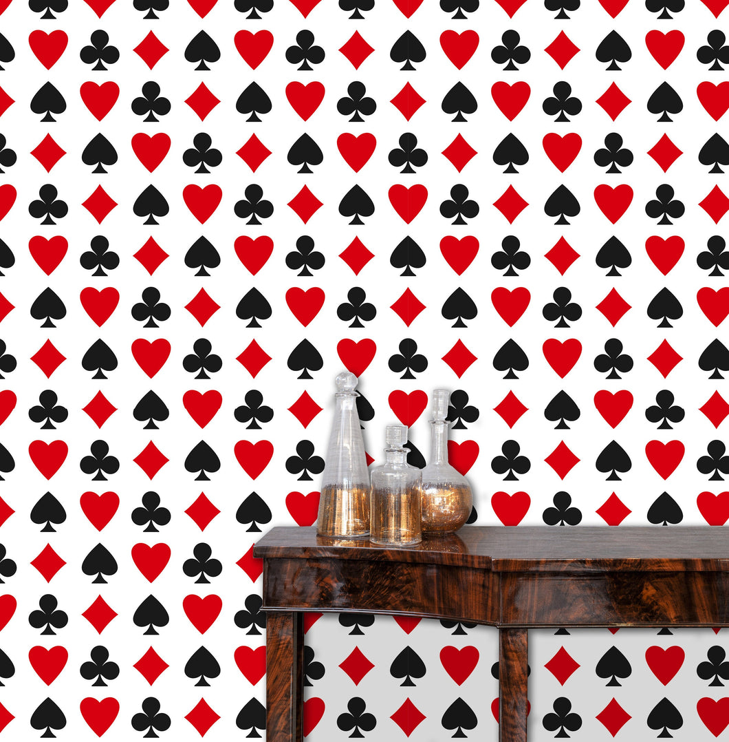 Black and red deck of cards eclectic fabric peel and stick wallpaper with table and jars