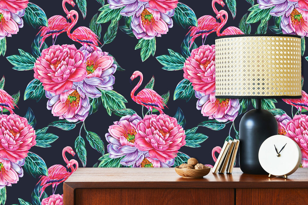 Dark black and pink tropical floral flamingo fabric peel and stick wallpaper with cabinet, lamp and clock