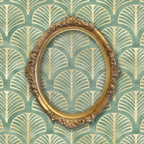 Green and gold antique geometric Art Deco fabric peel and stick wallpaper with gold mirror