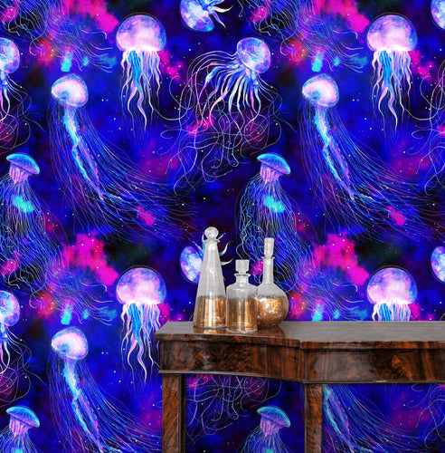 Blue moody tropical nautical jellyfish fabric peel and stick wallpaper with table and gold jars