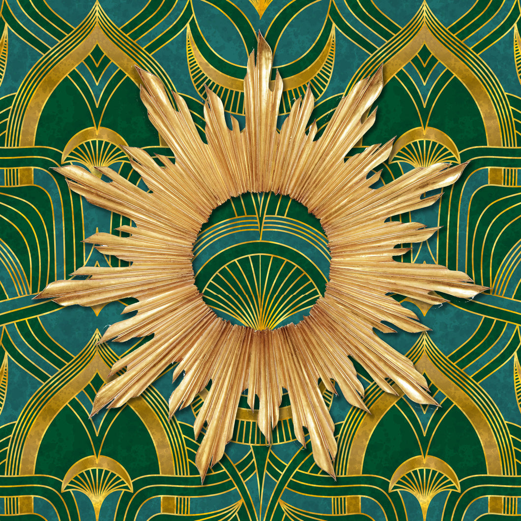 Blue, green and gold geometric Art Nouveau fabric peel and stick wallpaper with gold mirror