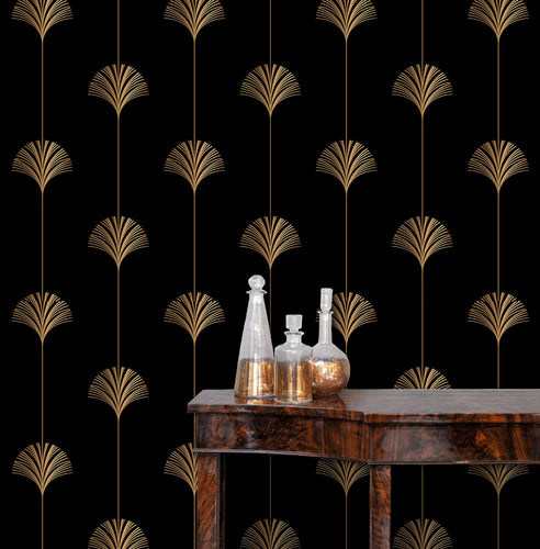 Black and gold vintage Art Deco geometric fabric peel and stick wallpaper with gold jars on table