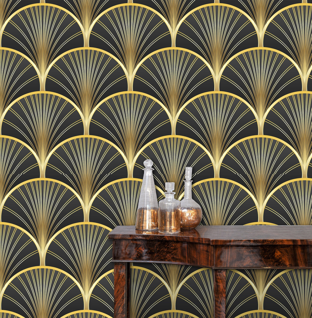Black and gold geometric Art Deco fabric peel and stick wallpaper with table and gold jars