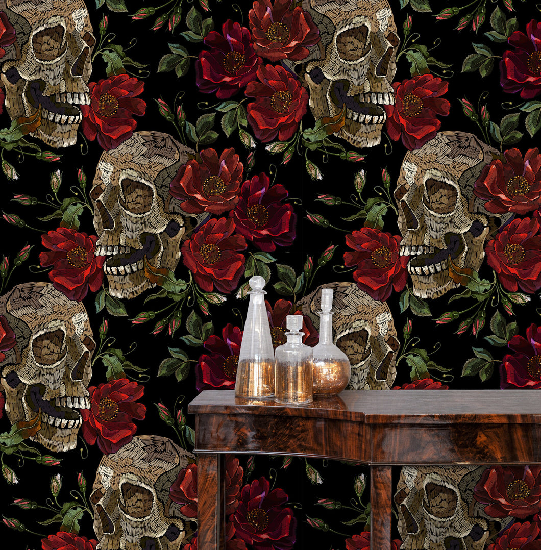 Dark gothic skull floral fabric peel and stick wallpaper with table and gold jars