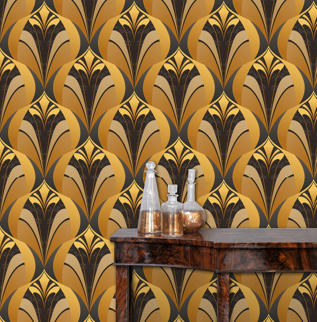 Gold and brown antique geometric Art Deco fabric peel and stick wallpaper with table and gold jars