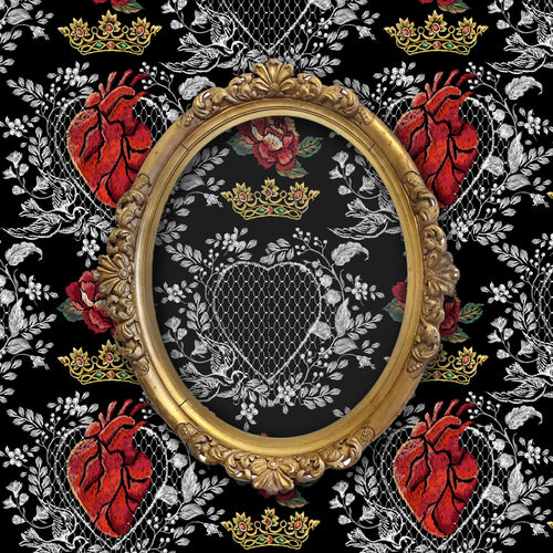 Victorian gothic fairytale queen of hearts fabric peel and stick wallpaper with gold mirror