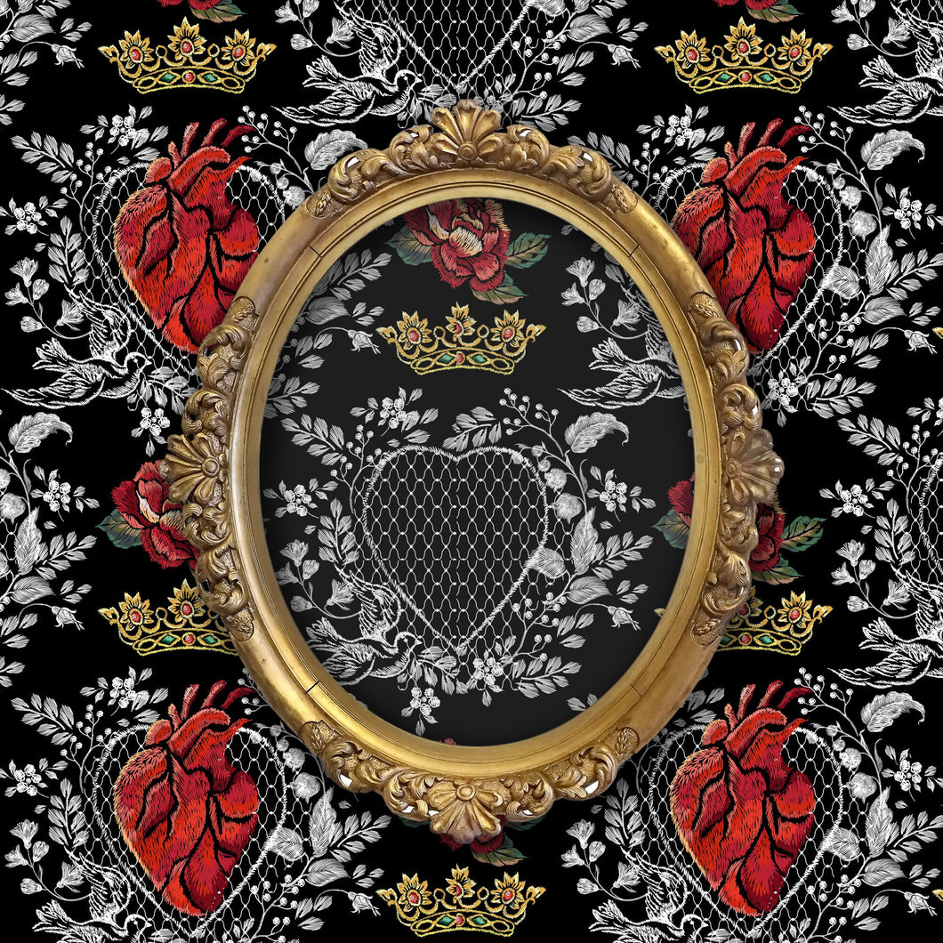 Victorian gothic fairytale queen of hearts fabric peel and stick wallpaper with gold mirror