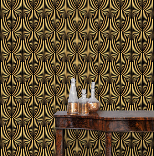 Black and gold antique Art Deco geometric peel and stick wallpaper with table and gold jars