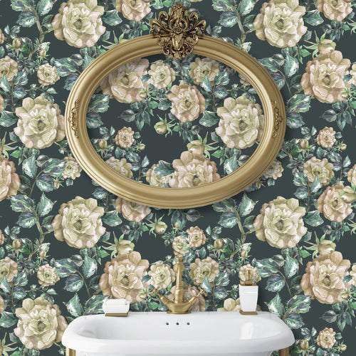 Antique flower garden fabric peel and stick wallpaper with gold mirror and sink