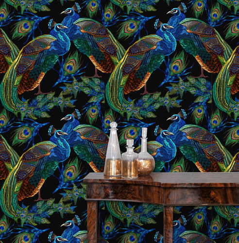 Black and blue dark topical botanical peacock fabric peel and stick wallpaper with table and gold jars