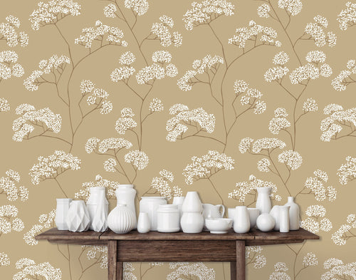 Asian Chinoiserie Victorian botanical fabric peel and stick wallpaper with table and white jars