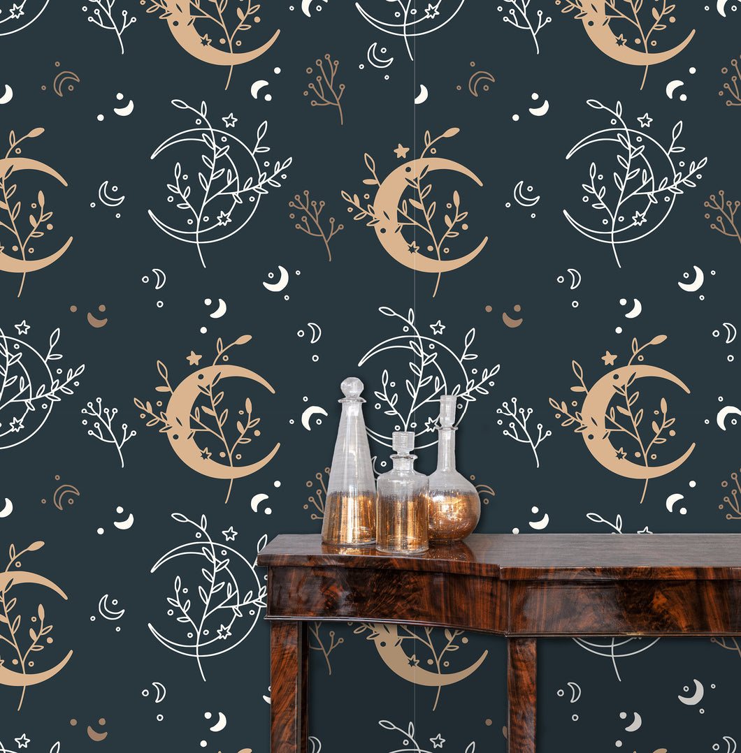 Witchy boho dark moon and stars fabric wallpaper with table and gold jars